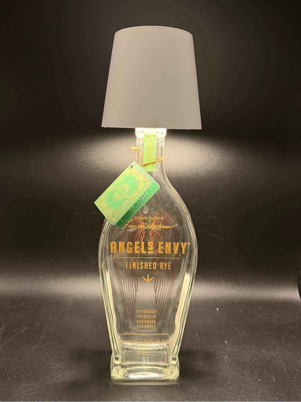 Repurposed Angel Envy Rye bottle with usb chargeable lamp top